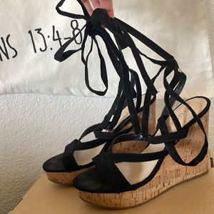 VINTAGE black suede GUESS ribbon tie cork wedge heels